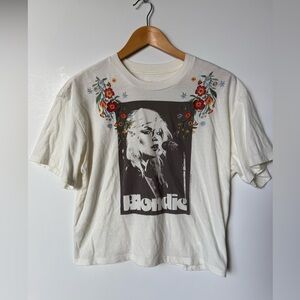 Women's White Graphic Blondie band Tee with Floral Embroidery